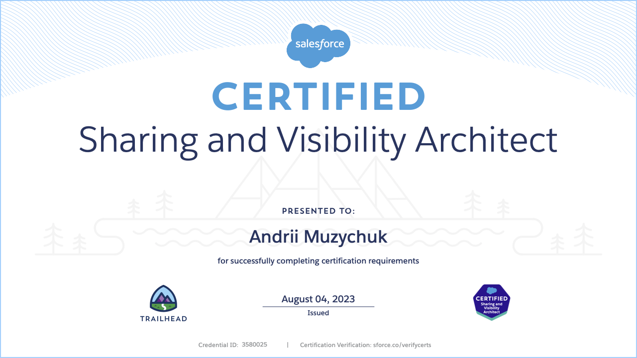 Salesforce Certified Platform Sharing and Visibility Architect certificate achieved by Andrii Muzychuk on August 4, 2023